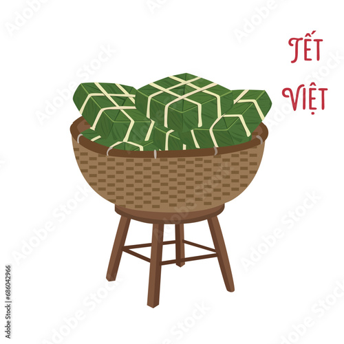 Chung cake vector set. Chung cake on bamboo basket. Vietnamese cuisine. Vietnamese traditional new year. Square sticky rice stuffed in green leaves. Banh chung. Happy Tet holiday. Tet food.