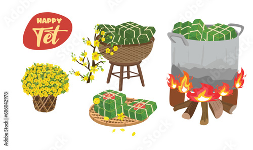Chung cake vector set. Chung cake on bamboo basket. Vietnamese cuisine. Vietnamese traditional new year. Square sticky rice  cake is cooked in pot. Banh chung. Happy Tet holiday. Tet food. photo