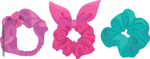 Woman hairband beautiful hair accessory with textile bow for hairstyle set vector flat