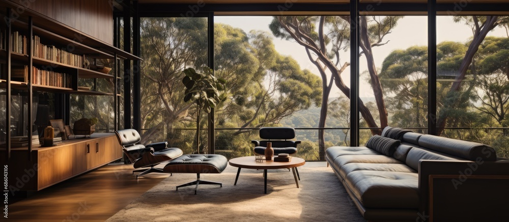 Living area with spacious windows providing panoramic views of Australian treetops in mid century style.