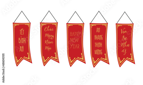 Parallel sentences vector set. Spring festival couplets clip art.  Vietnamese traditional new year clip art. Flat vector in cartoon style isolated on white background.