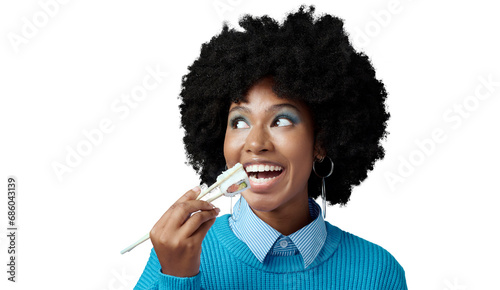 Sushi, happy and face of black woman with seafood on isolated, png and transparent background. Eating, hungry and African person with chopsticks for luxury takeout for lunch, dinner and supper photo