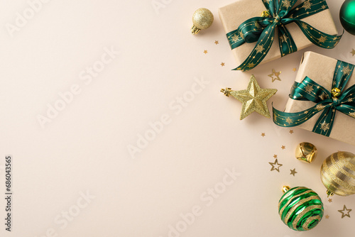 Merry and bright concept: Overhead photo featuring handmade craft paper gift boxes, lavish baubles, glittering star ornament, jingle bell, and confetti arranged on a festive pastel beige backdrop