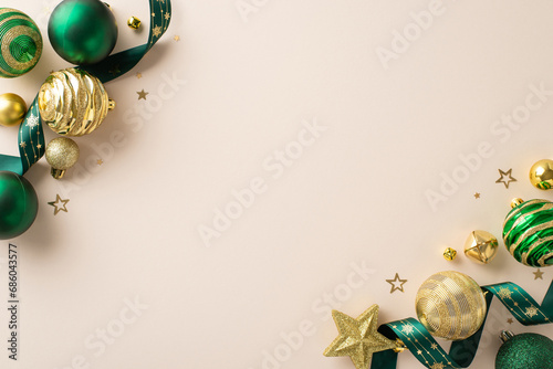 Christmas glamour vision. Top view photo showcasing lavish ornaments, radiant star decor, spiral ribbon, jingling bells, golden confetti on pastel beige surface, offering pristine canvas for promotion photo