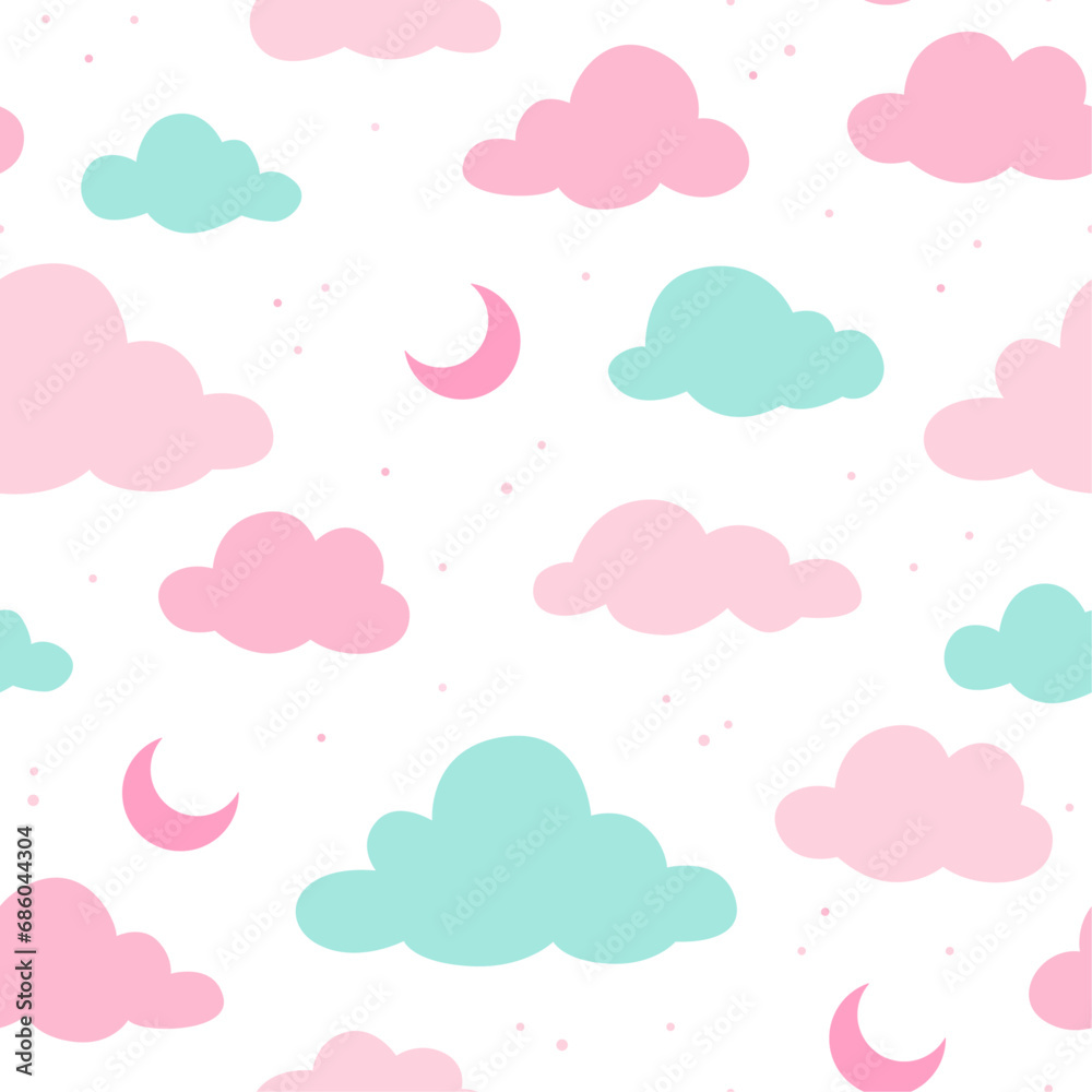 Seamless pattern with moon and clouds. Hand drawn vector illustration. Texture for print, textile, fabric.