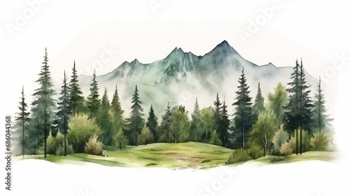 Nature forest lawn scene Watercolor illustration Hand drawn mountains, trees, bush, glade with grass Wild landscape element nature with mountains, trees, and grass White background.