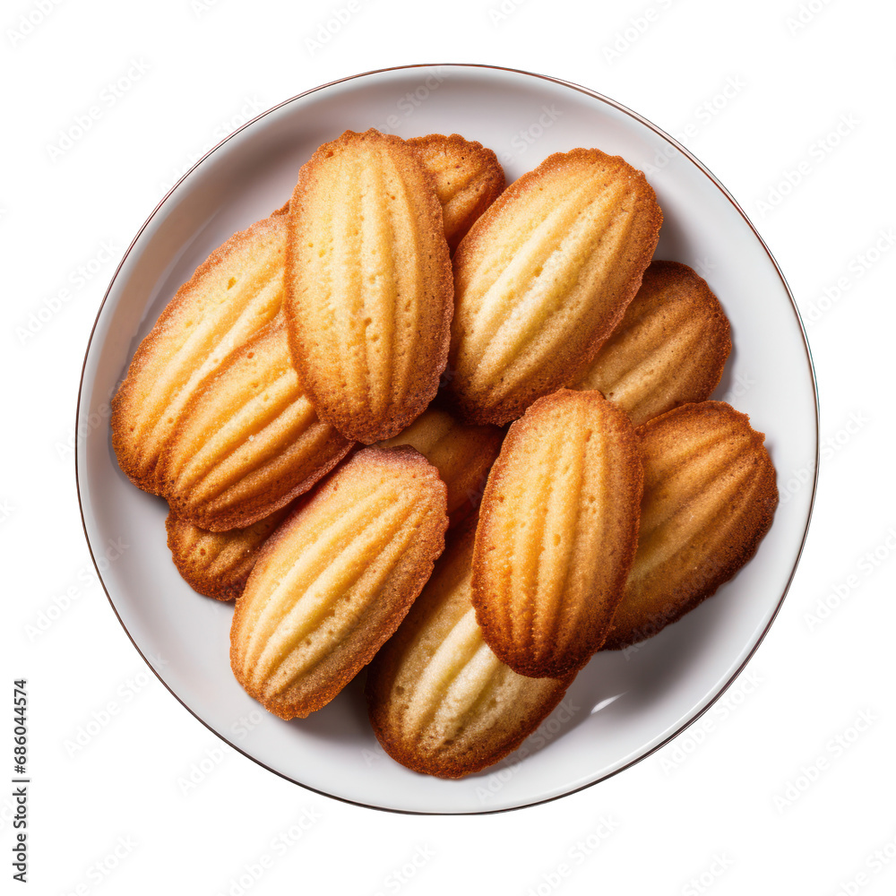 Top view of a madeleine cookie on a plate Isolated on Transparent or White Background, PNG Top view of a madeleine cookie on a plate Isolated on Transparent or White Background, PNG