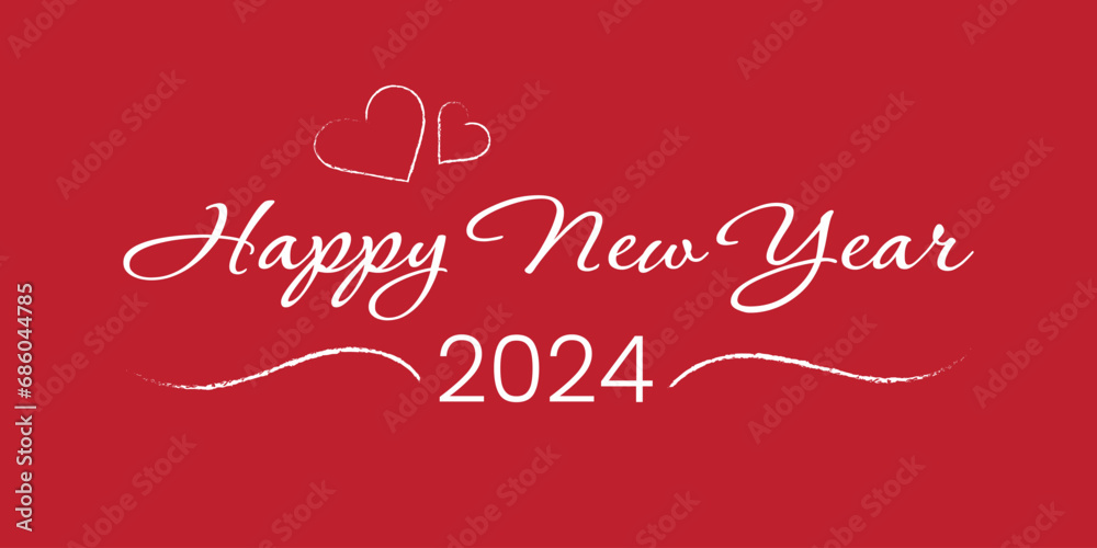 Happy new year 2024 red background. Banner for Christmas with hearts