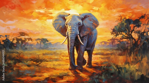 Oil art on canvas of elephant going forward and sunset landscape theme Spectacular warm light of the sun Modern impressionism artwork Palette knife painting. photo