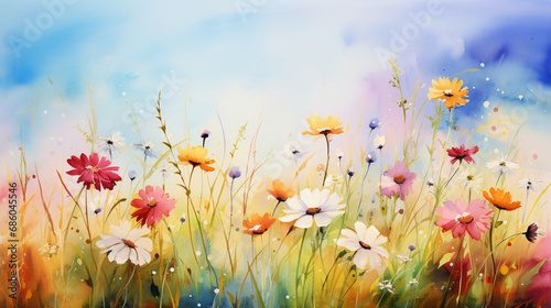 A watercolor painting of some flowers on a summer field