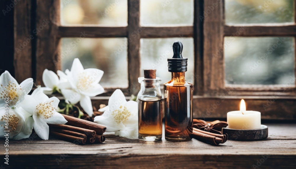 essential oils with jasmine, cinnamon and vanilla on rustic wooden table, retro style. Spa and wellness aromatherapy treatment essential oils with jasmine, cinnamon and vanilla on rustic wooden table, retro style. Spa and wellness aromatherapy treatment