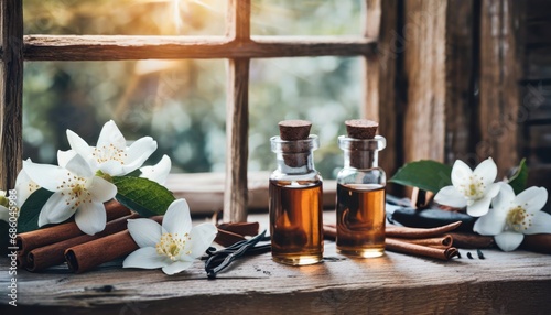 essential oils with jasmine, cinnamon and vanilla on rustic wooden table, retro style. Spa and wellness aromatherapy treatment 