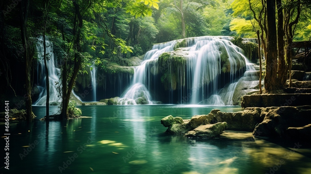 One of the famous beautiful natural waterfall park with clear water running from mountain top down to the river below surrounded by greenery forest is so charming and attractive.