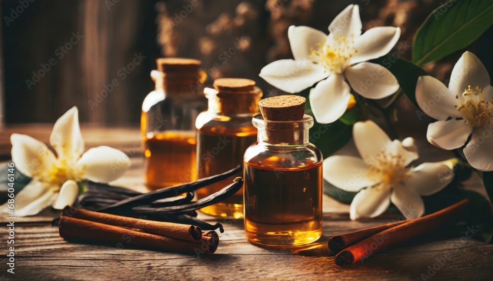 essential oils with jasmine, cinnamon and vanilla on rustic wooden table, retro style. Spa and wellness aromatherapy treatment  - obrazy, fototapety, plakaty 