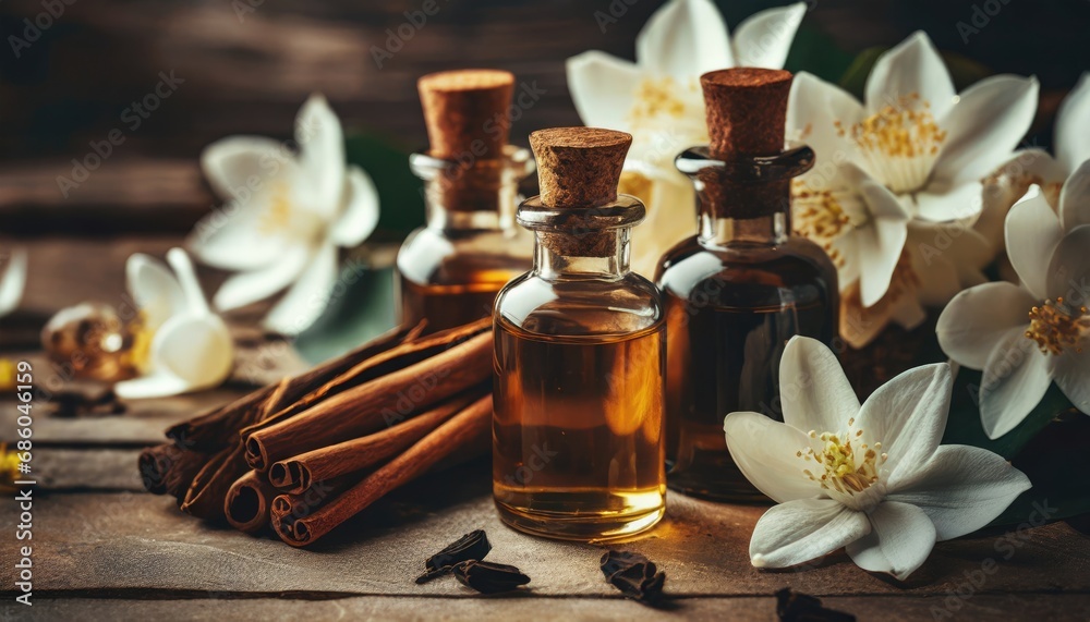 essential oils with jasmine, cinnamon and vanilla on rustic wooden table, retro style. Spa and wellness aromatherapy treatment 