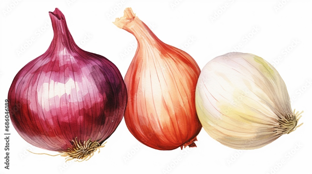 Fototapeta premium Onion golden and red bulb with garlic watercolor illustration Realistic vegetable roots hand drawn image Organic fresh onion and garlic close up group.