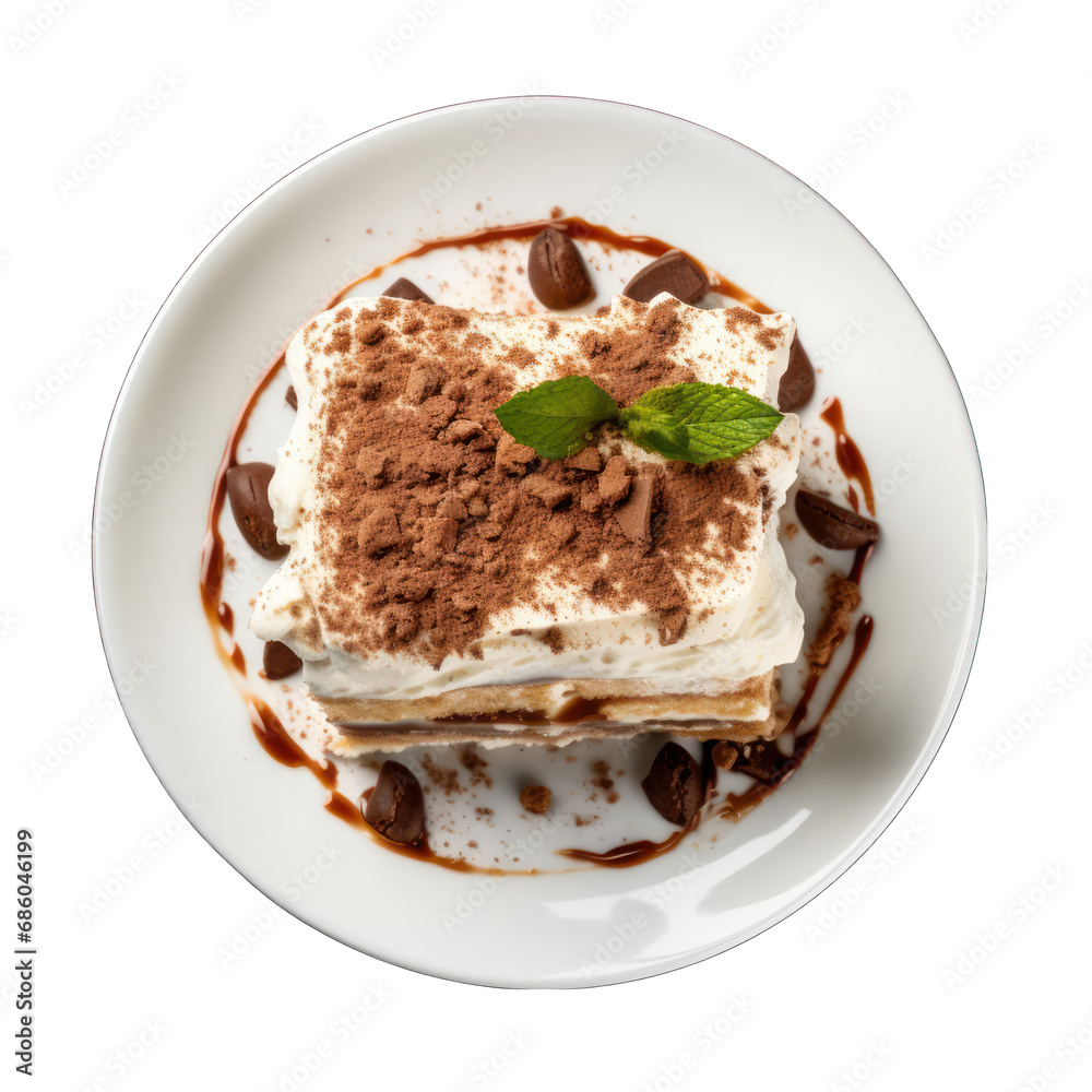 Top View of a Tiramisu Portion on a Plate Isolated on Transparent or White Background, PNG