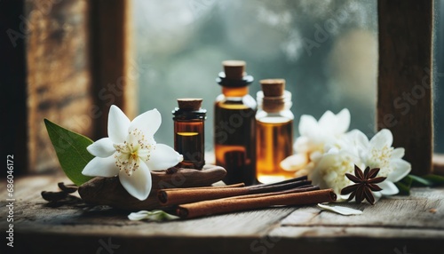 essential oils with jasmine, cinnamon and vanilla on rustic wooden table, retro style. Spa and wellness aromatherapy treatment  © Marko