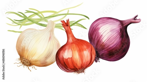 Onion golden and red bulb with garlic watercolor illustration Realistic vegetable roots hand drawn image Organic fresh onion and garlic close up group.