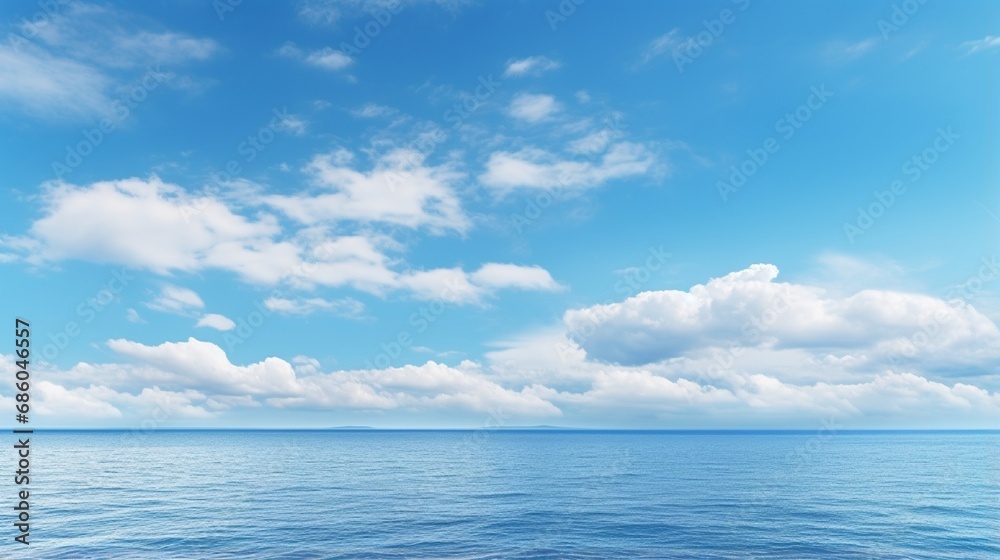 Blue sky panorama with puffy clouds above the sea The ocean is colored aqua. Sky with high resolution.