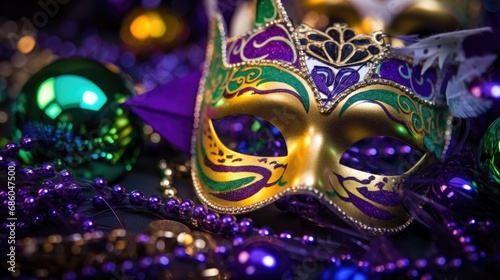 Mardi Gras Venetian masks in golden purple green colors background. Festive colorful Carnival Mardi Gras masquerade mask design for banner, greeting card, prints, poster, party invitation, flyer.. © Oksana Smyshliaeva