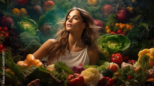 Woman surrounded by various vegetables background. Veganuary, Healthy organic food, harvest, Diet concept. Portrait of happy lady and variety fresh raw different vegetables. .