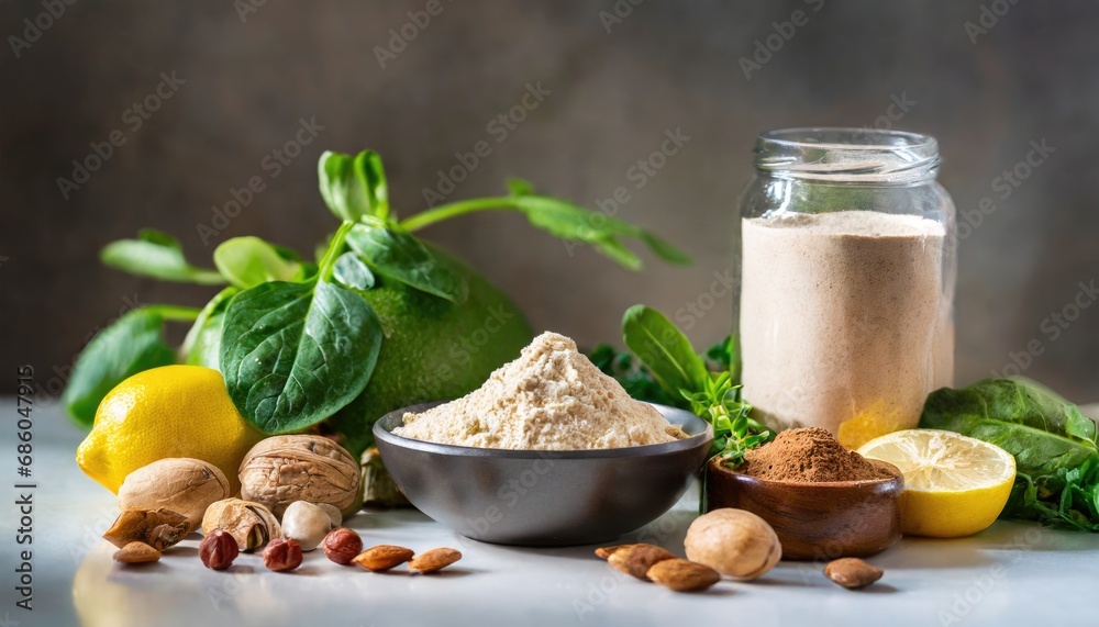 Natural Plant Based Protein powder with ingredients on table, Healthy food high of protein concept, Vegetarian dairy diet Natural Plant Based Protein powder with ingredients on table, Healthy food high of protein concept, Vegetarian dairy diet