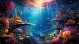 Dive into the enchanting world beneath the waves with this realistic portrayal of marine life in the sea