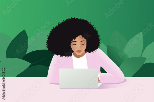 African-American woman working with the laptop at the desk in home office. Surrounded by plants. Very tired, sleeping while working. Cartoon flat  style. Made with Generative AI photo