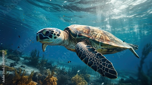 A lifelike snapshot of a sea turtle navigating through a polluted dirty plastic seascape