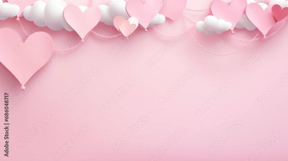 banner of sweet pink background consist two tone of realist heart shapes located beside paper in middle and paper craft stuffs are bunting and clouds