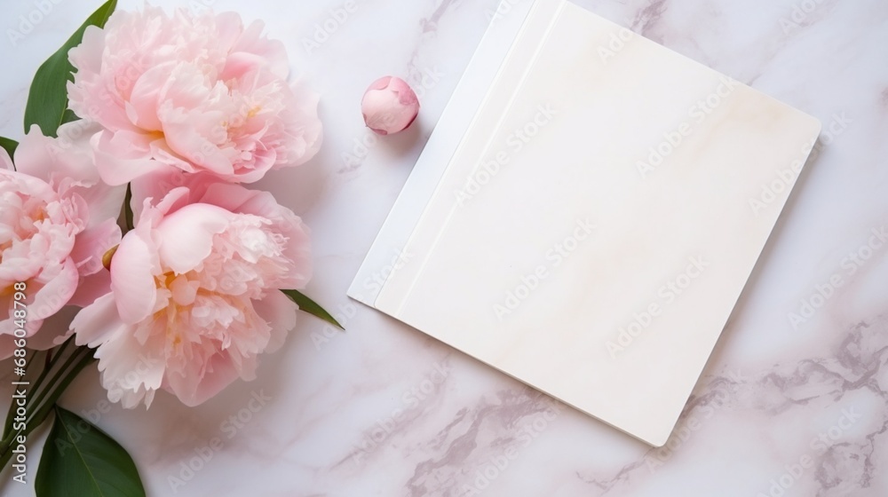 Beautiful pastel pink peony flower and notebook on marble background.Women business day Beautiful pastel pink peony flower and notebook on marble background.Women business day