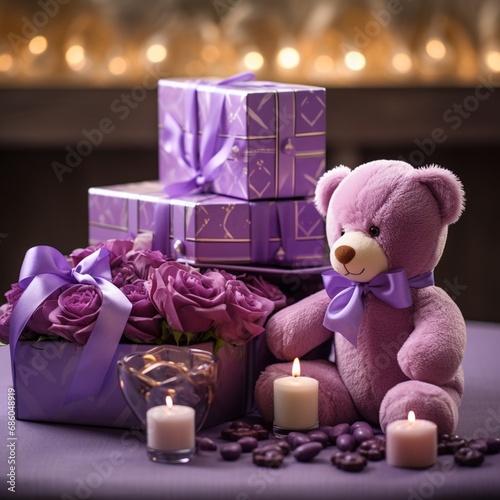 An elegant composition featuring a purple teddy bear and a heart-shaped box of purple chocolates
