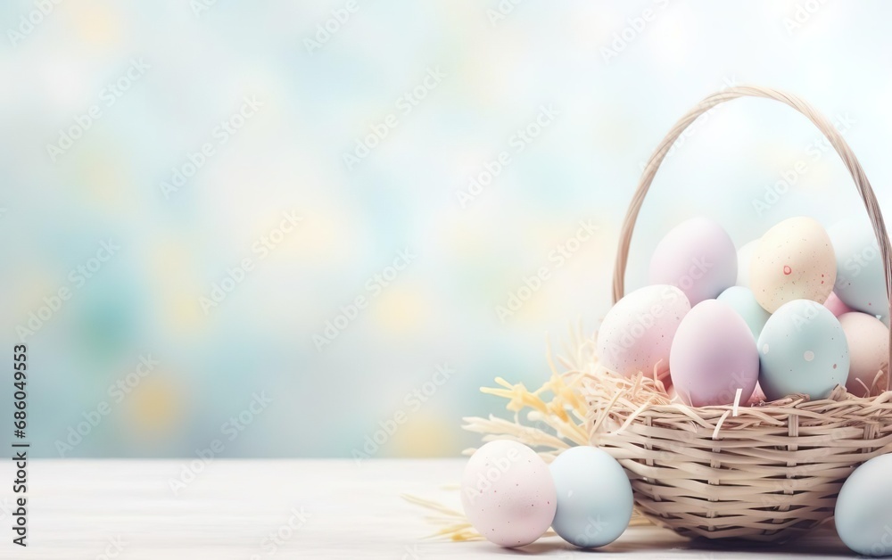 Decorative Easter eggs in a basket on the table, pastel colors, blurred blue background. Bokeh, de focus, copy space. Spring design for banners, posters, greeting cards, invitations. AI Generative