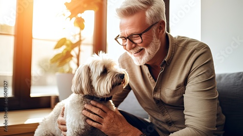 older man petting his dog for friend in house alone