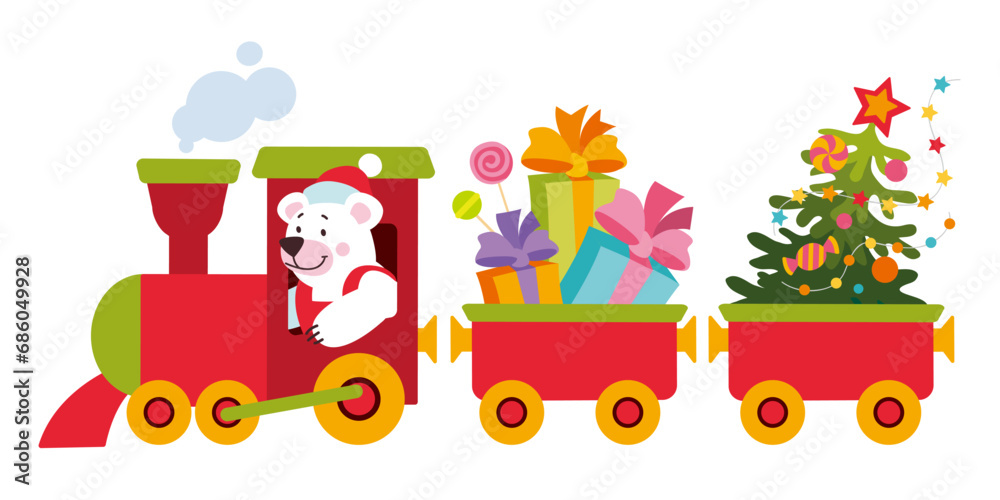 Fototapeta premium Funny white polar bear in Santa Claus costume riding Christmas train. Christmas toy locomotive carrying Christmas tree and presents. Winter holiday clip art for holiday cards, tags and greeting card.