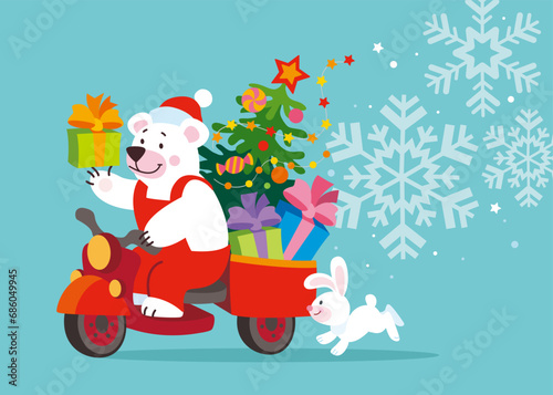 Merry Christmas and happy new year greeting card with cute polar bear in Santa Claus costume riding  motorcycle. Winter cartoon character. Vector holiday flat illustration