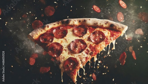 Delicious tasty slice of pepperoni pizza flying on black background photo