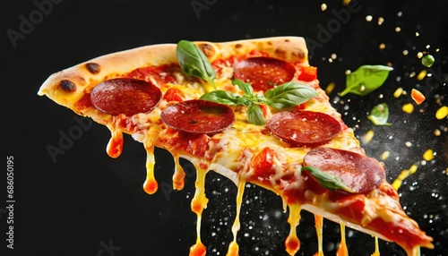 Delicious tasty slice of pepperoni pizza flying on black background