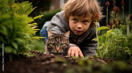 cat and autistic children play together in the garden