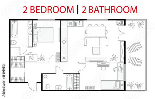 Plan floor apartment. Studio, condominium. Two bedroom layout floor plan. Interior design elements kitchen, bedroom, bathroom with furniture. Vector floorplan living room. Blueprint architectural plan