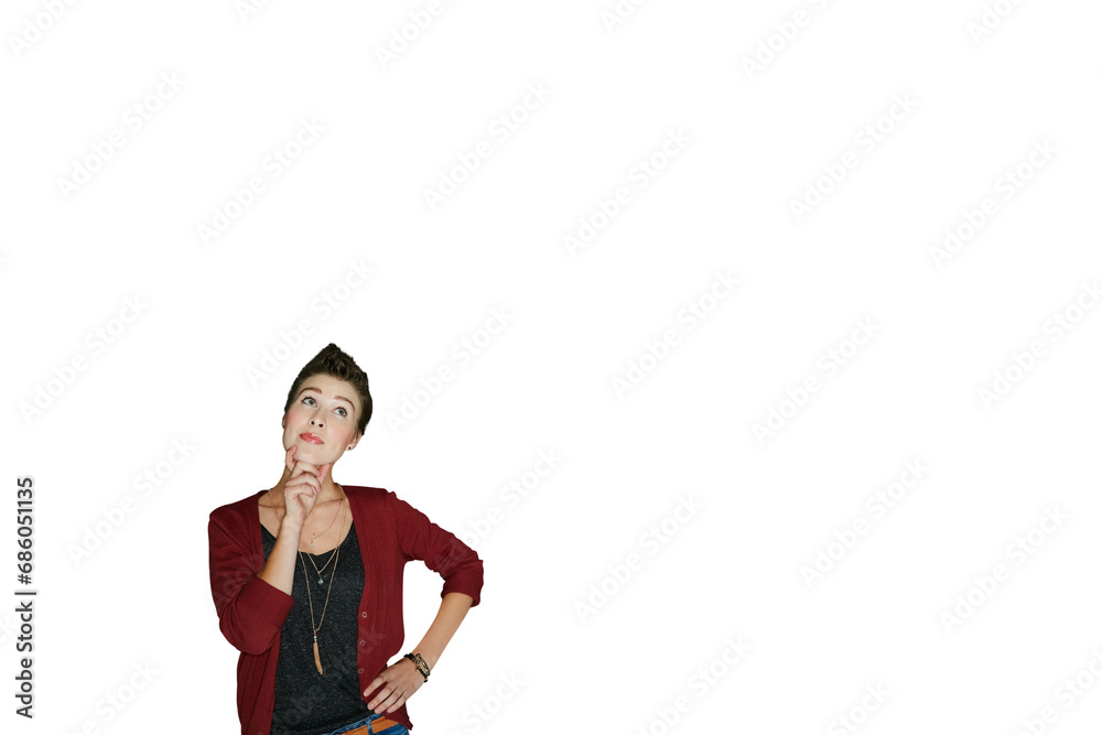 Woman, face and thinking in decision, choice or question isolated on a transparent PNG background. Female person or model in wonder, contemplating or picking for idea, problem solving or solution Woman, face and thinking in decision, choice or question isolated on a transparent PNG background. Female person or model in wonder, contemplating or picking for idea, problem solving or solution