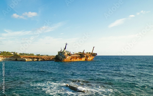 Wreck of Edro III ship on a sea coast. Coral Bay Cyprus.