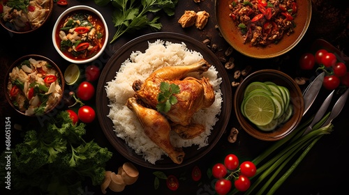 Thai cuisine Steamed chicken with rice with fresh ingredients and accompanied by the essential mortar culinary craftsmanship