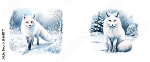 Watercolor portrait of fox. Winter snow and forest landscape. AI generated