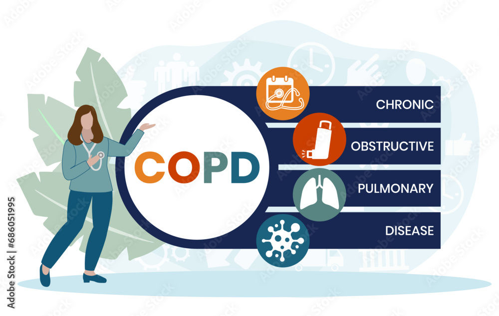 COPD - Chronic Obstructive Pulmonary Disease acronym, medical concept background. vector illustration concept with keywords and icons. lettering illustration with icons for web banner COPD - Chronic Obstructive Pulmonary Disease acronym, medical concept background. vector illustration concept with keywords and icons. lettering illustration with icons for web banner