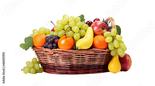 Fruits in wicker basket. Isolated on Transparent background.