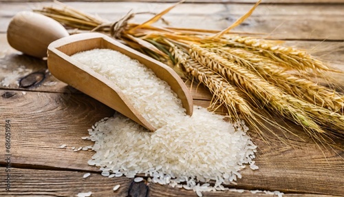 wooden grain scoop with pile of scattered white rice