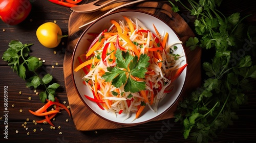 food phtography style, of thai food Papaya salad with raw material photo