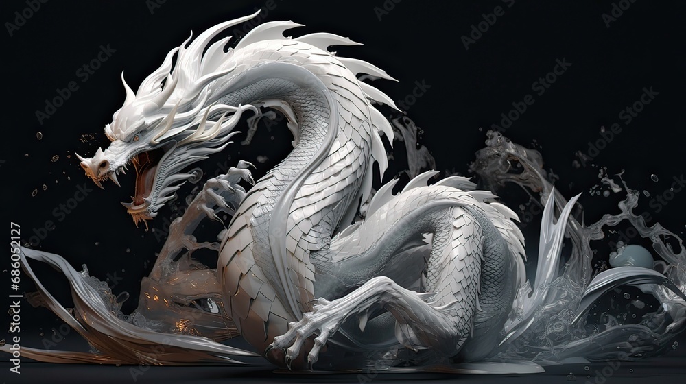 Obraz premium Stylized white dragon depicted in a dynamic stance. Mythical creature, fantasy, strength, mythical beast, legend, magic. Generated by AI.